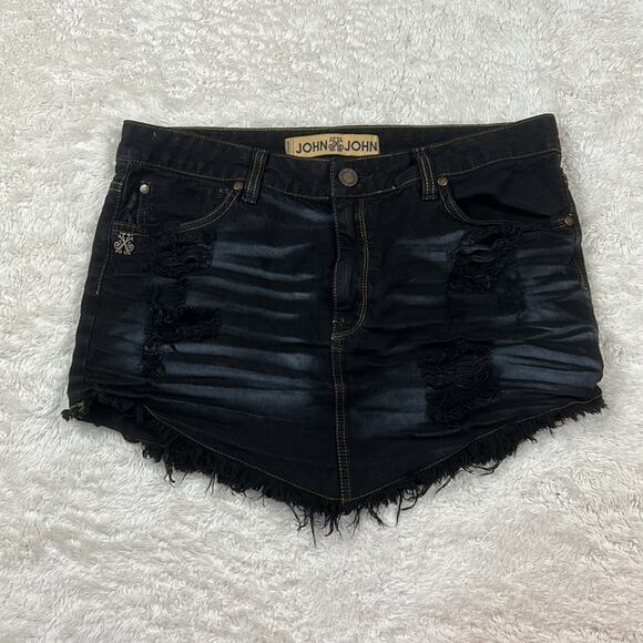 John John Supreme distressed black denim mini skirt, size 42 or US Large - Picture 3 of 10